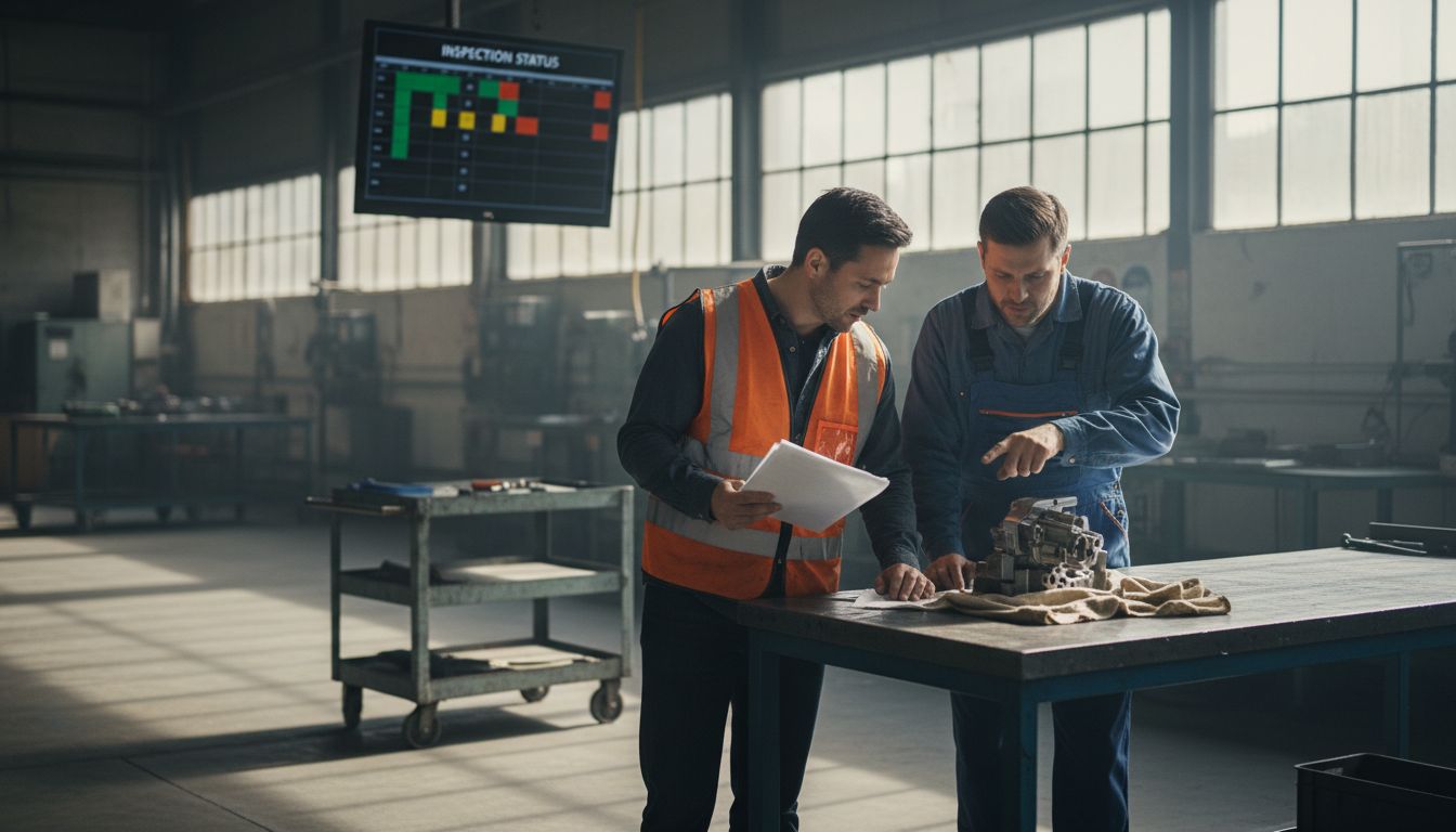 Engineers reviewing manufacturing quality checklist