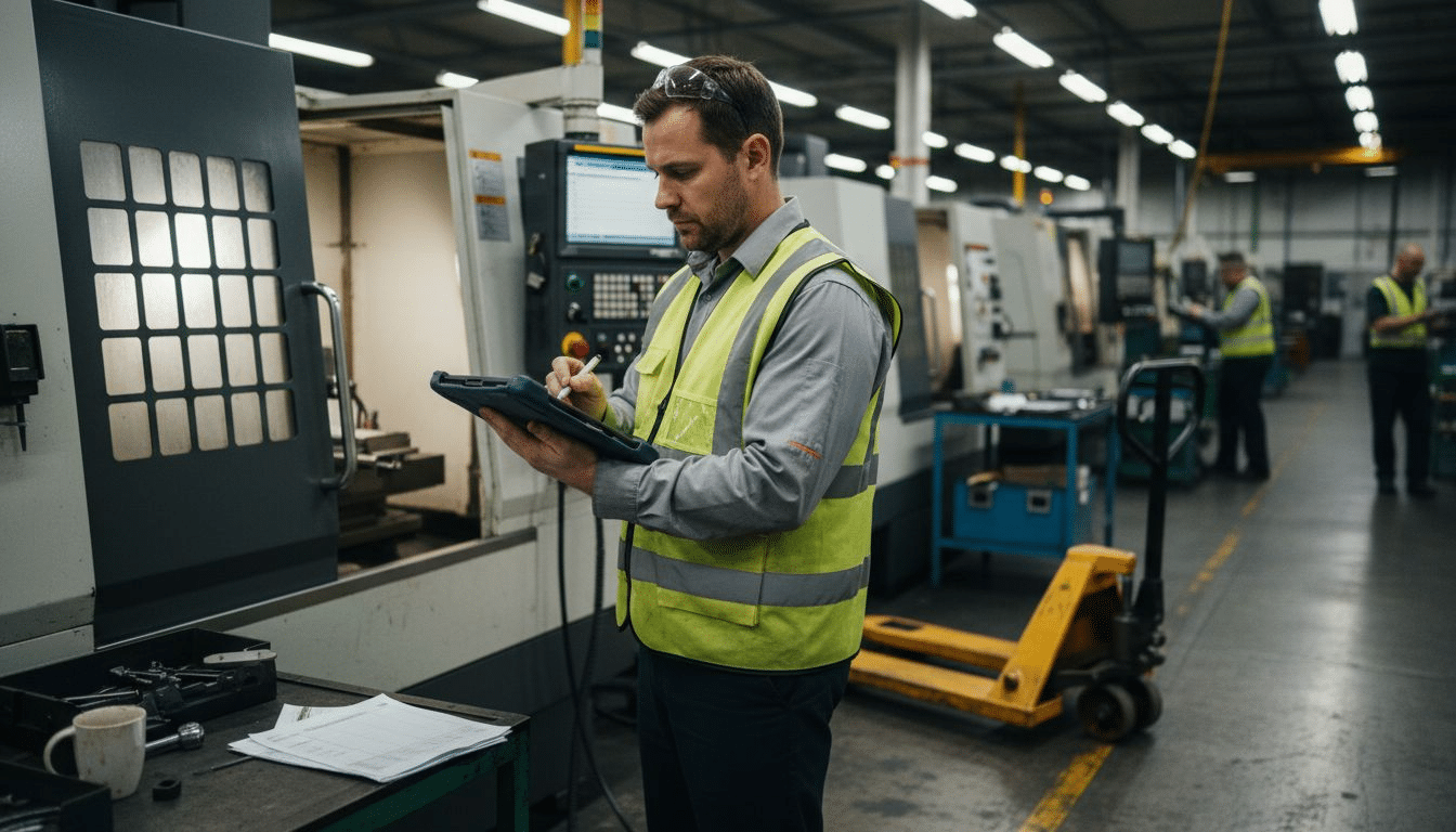Supervisor performing quality checks with tablet