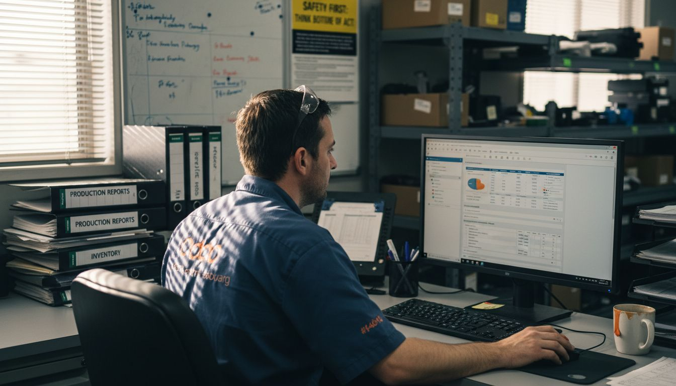 Production manager reviews Odoo ERP manufacturing workflow