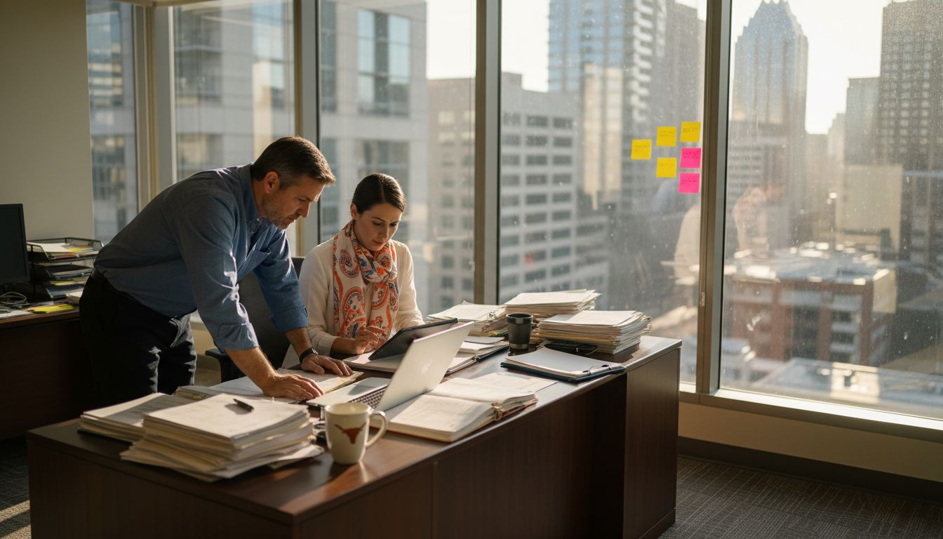 Texas office with team reviewing technology steps