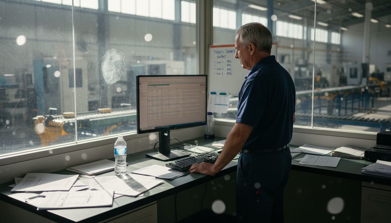 Factory manager reviews production schedule at desk