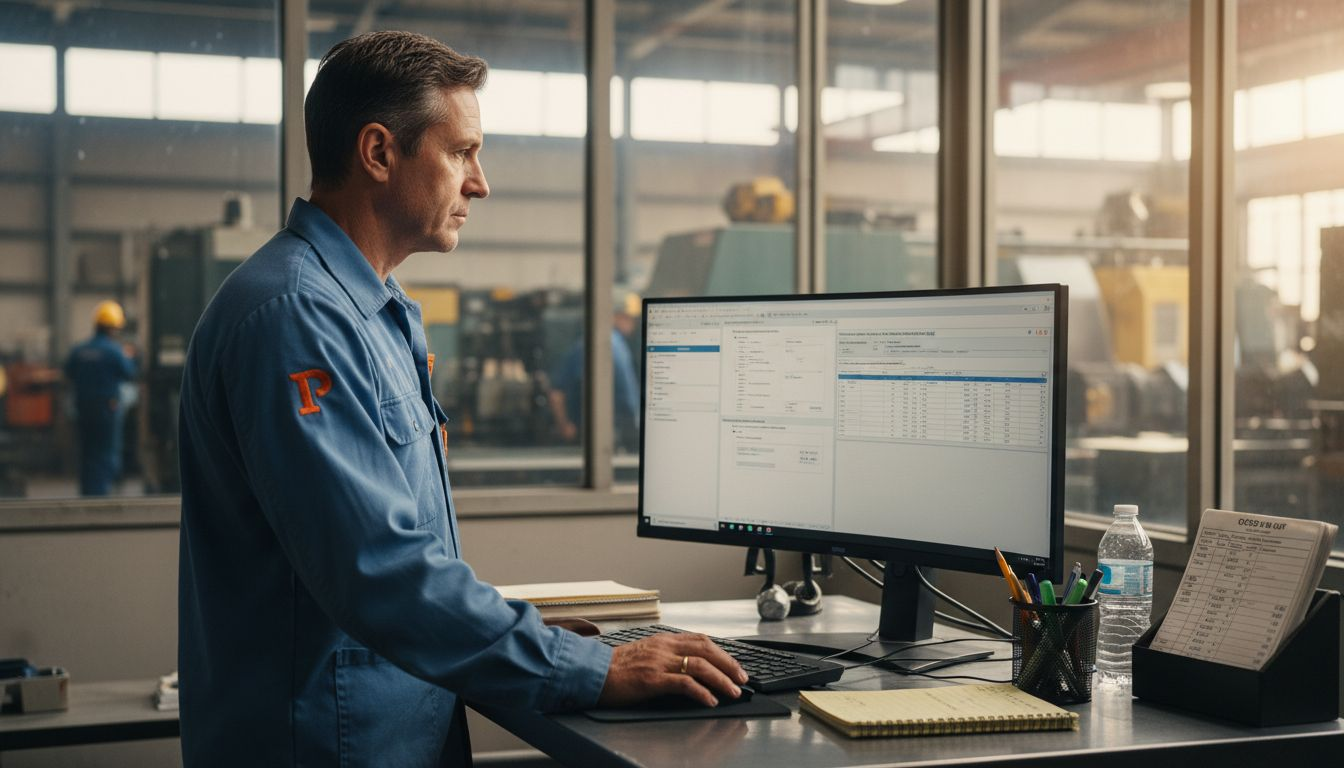 Manager reviewing ERP dashboard in factory office