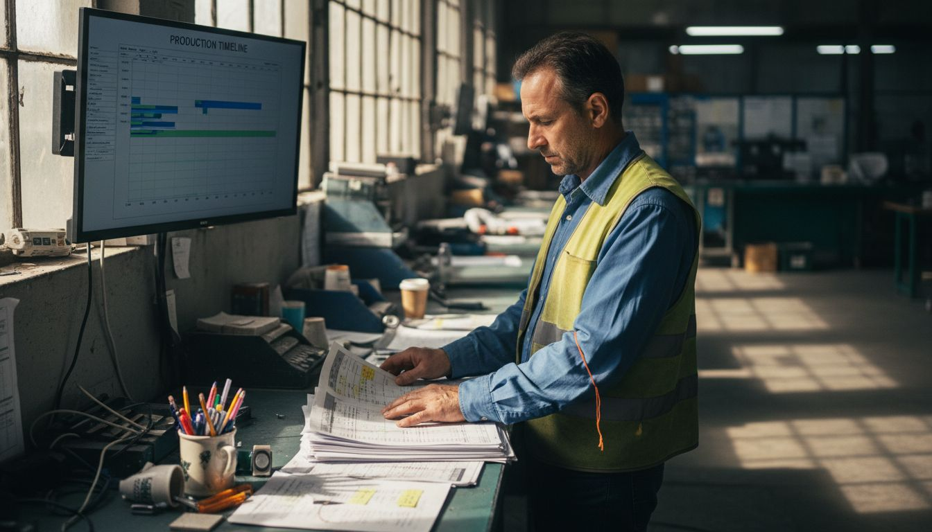 Factory manager reviewing discrete manufacturing schedules