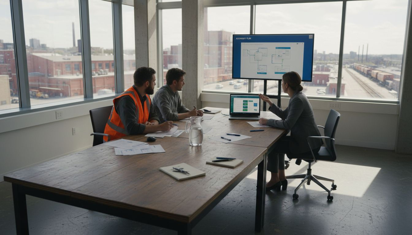 Engineers reviewing Odoo ERP in conference room