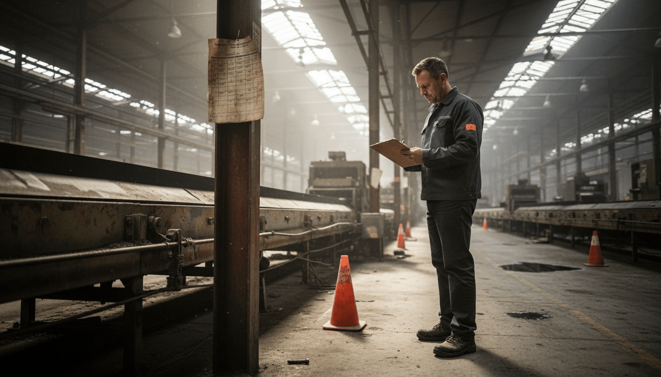 Manager inspecting machines in factory floor