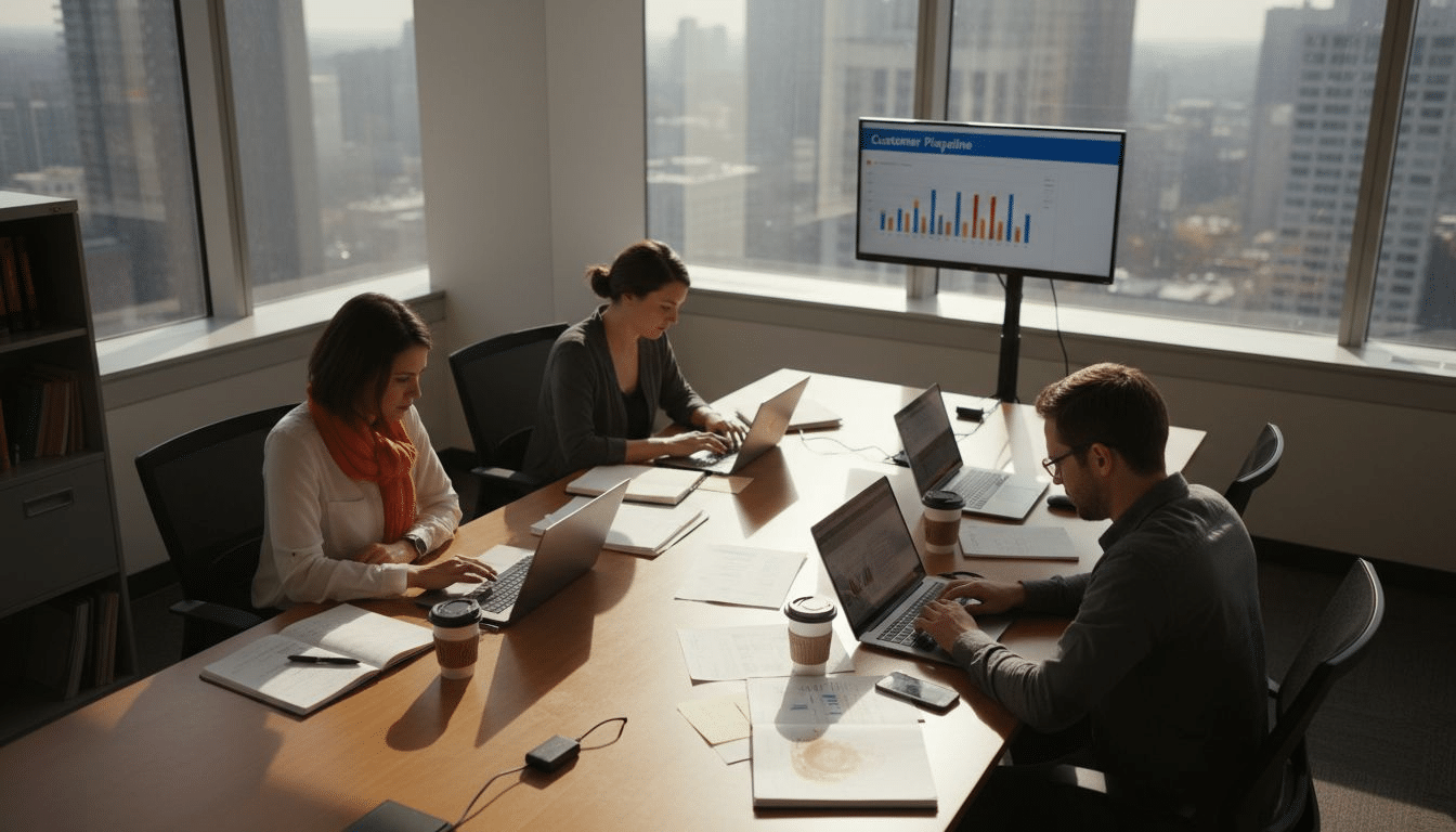 Team collaborating on CRM in office setting