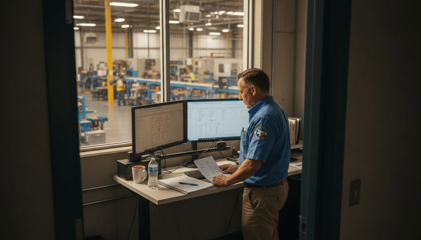Plant manager reviews compliance documents in office