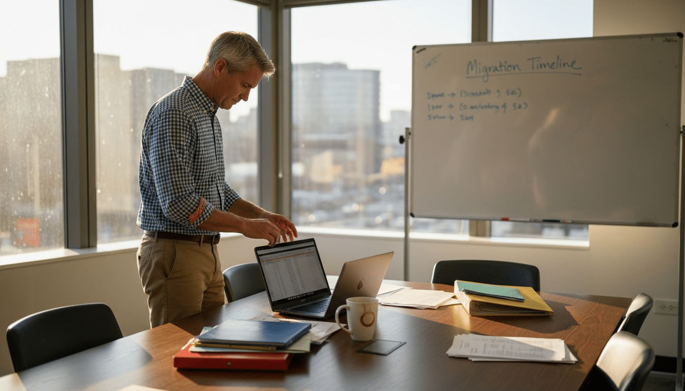 ERP migration lead reviewing spreadsheet in office