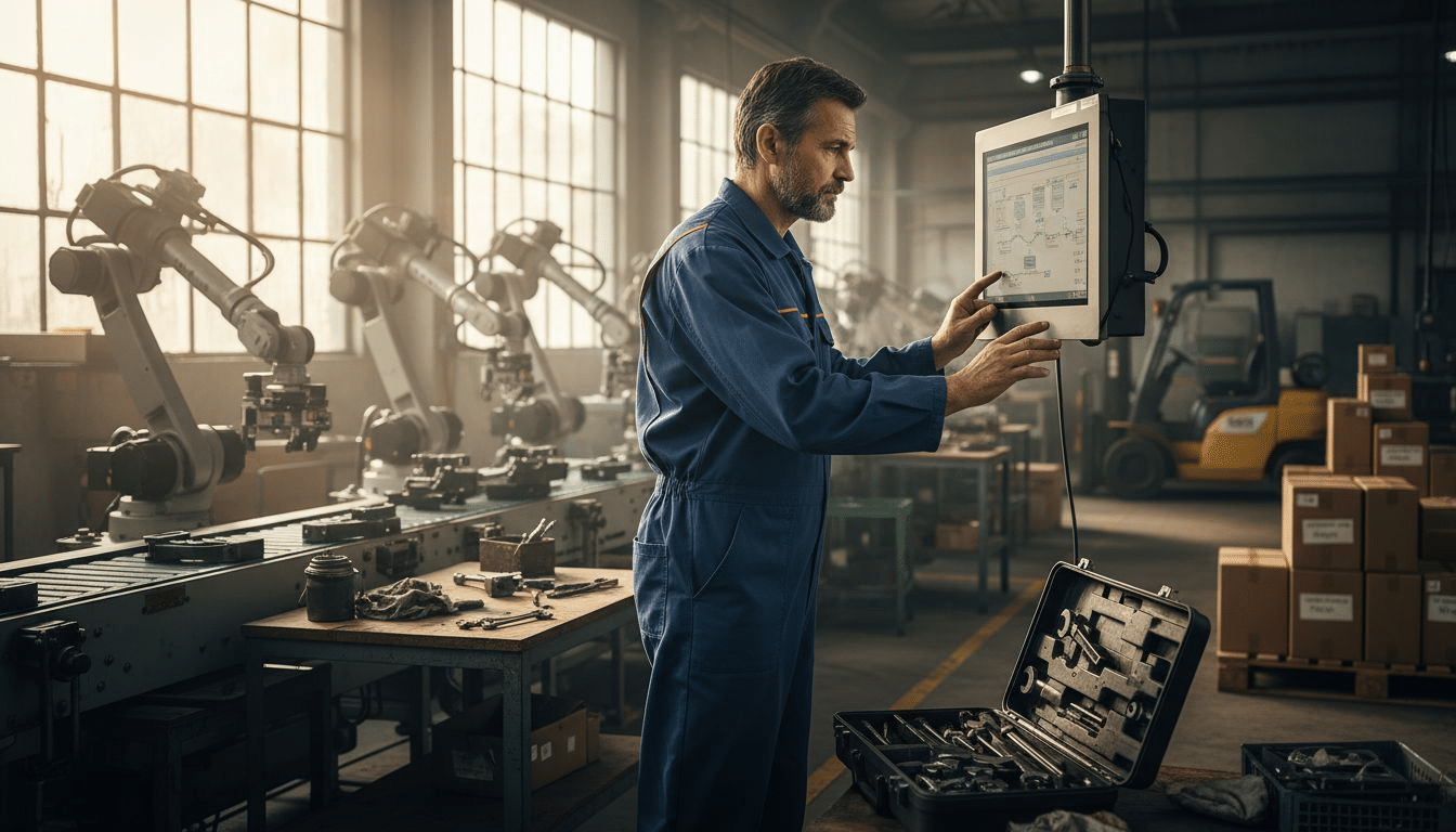 Manager using touchscreen on automated assembly line