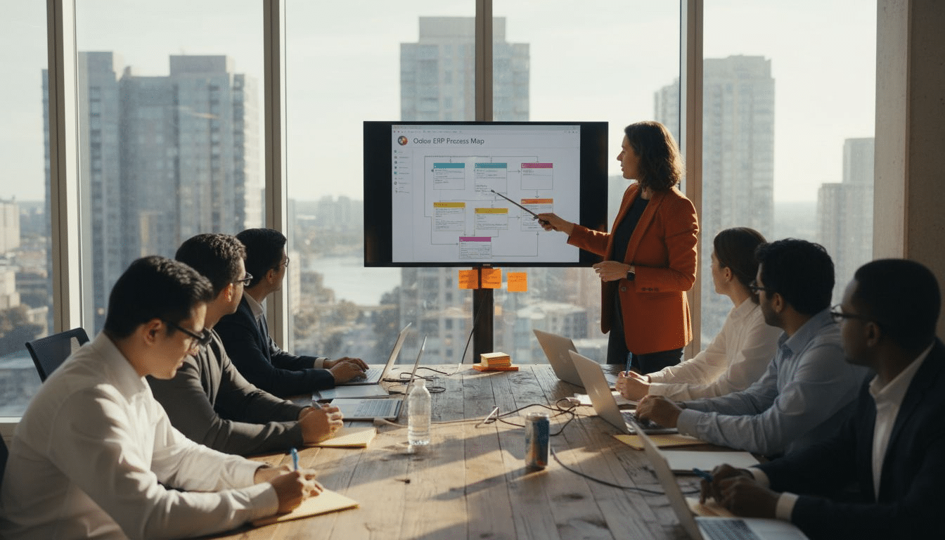 Office team reviewing Odoo ERP workflow